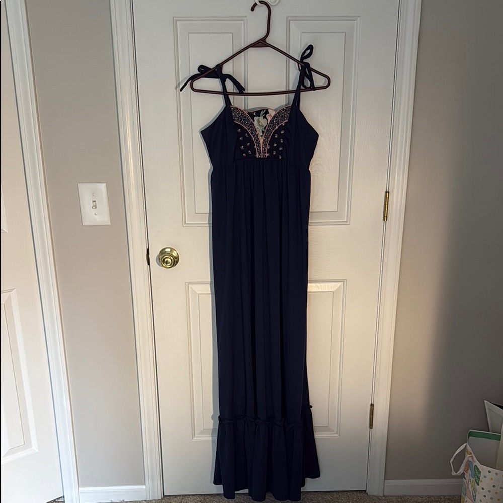 Vintage Jody T by California Dark Blue Maxi Dress with Pink Embroidery 1960’s/70
